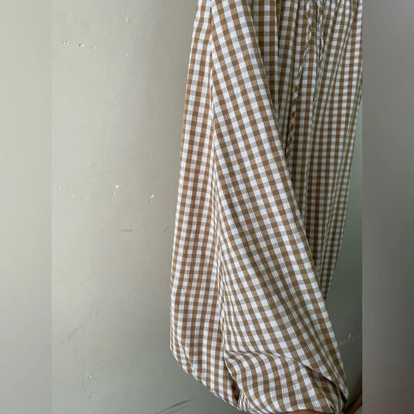 Emerson Lang Tan Gingham Bubble Midi Skirt Size M Tan White Plaid Lined - Picture 7 of 11